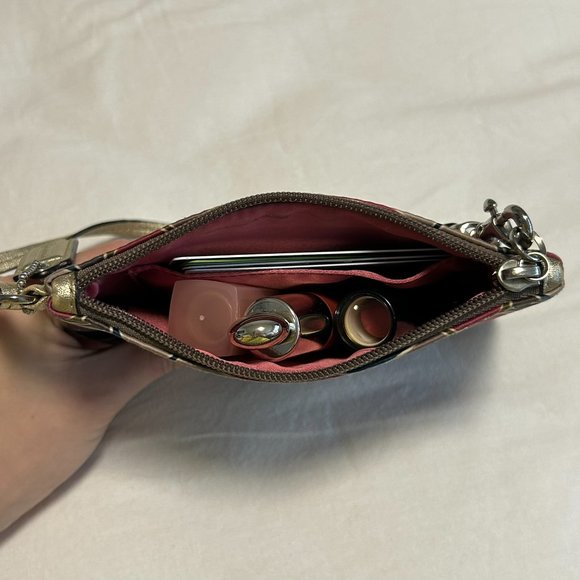 Coach Scarf Satin Leather Print | Small Multi-Colour Wristlet | Pink Gold - Picture 4 of 9